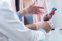 Medizinische Fachkraft erklärt mit plastischer Darstellung Patientin Herz